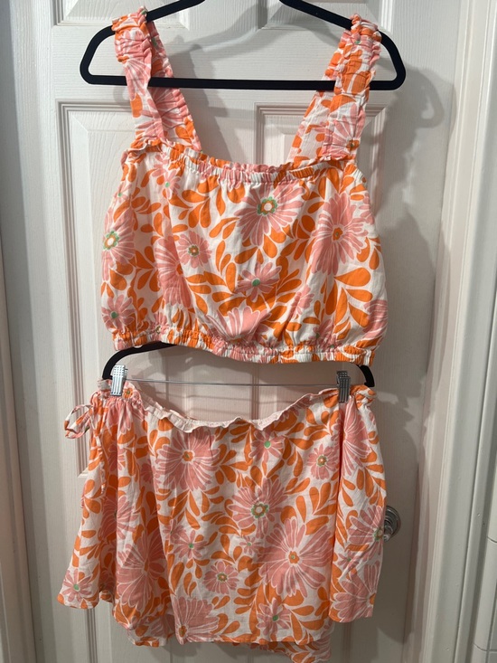 aerie Dresses & Skirts - Aerie Floral Two Piece Set Crop Top + Tie Side Skirt Orange Pink Summer Size XXL